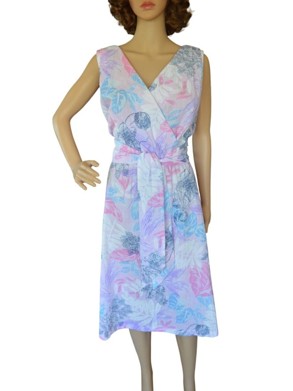 Vintage 80s California Looks Pastel Floral Sleeveless Summer Dress Womens Size M